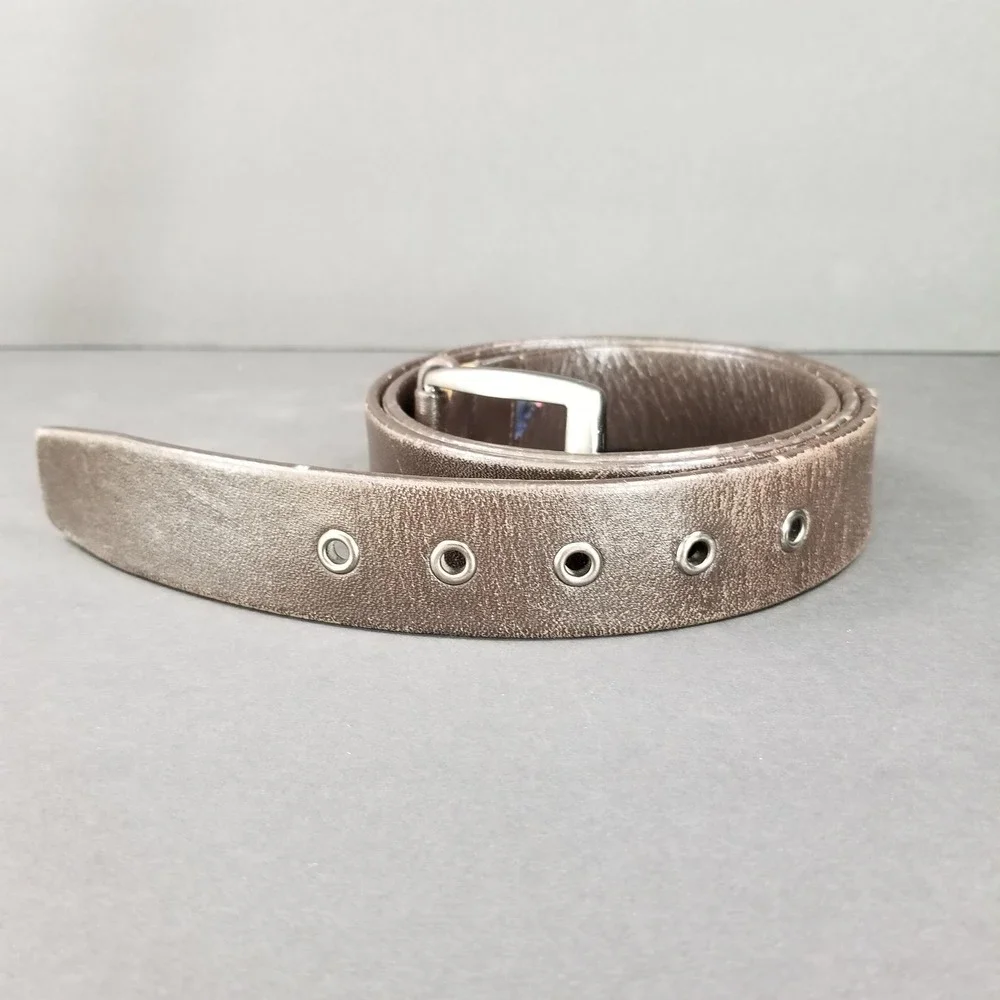 Mens Brown Leather Belt with Silver Buckle and Grommets Size 40 Workwear Utility